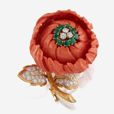 Lot 67 - A coral, diamond, emerald, gold, and platinum brooch, David Webb