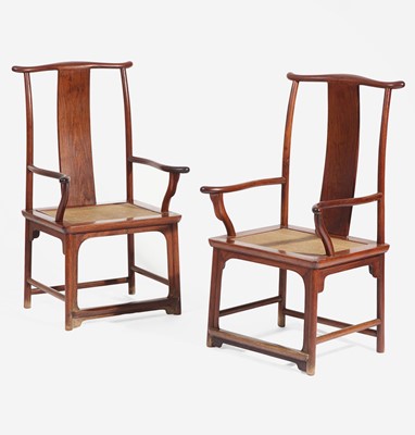 Lot 28 - A pair of Chinese huanghuali armchairs, Sichutou Guanmaoyi 黄花梨四出头官帽椅一对