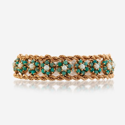 Lot 61 - A gold, turquoise, and cultured pearl bracelet