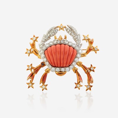 Lot 95 - A coral, diamond, and bicolor gold pendant/brooch