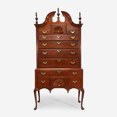 Lot 7 - A Queen Anne inlaid walnut bonnet-top high chest