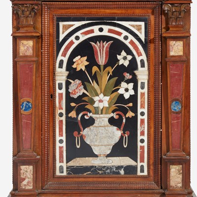 Lot 12 - An Italian Renaissance Style Carved Walnut Cabinet with Pietra Dura Panels