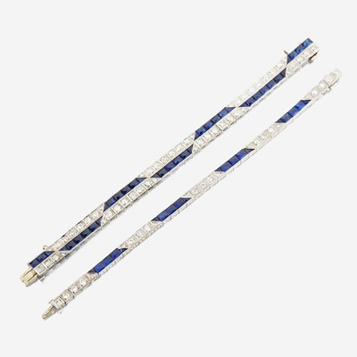 Lot 14 - Two Art Deco synthetic sapphire, diamond, and platinum bracelets