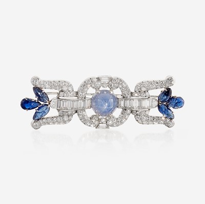 Lot 5 - A star sapphire, sapphire, diamond, and platinum brooch, J.E. Caldwell & Co.