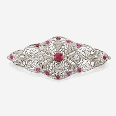 Lot 39 - A platinum, diamond, and ruby brooch