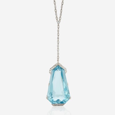 Lot 9 - A diamond, aquamarine, and palladium pendant necklace, Tiffany & Co.