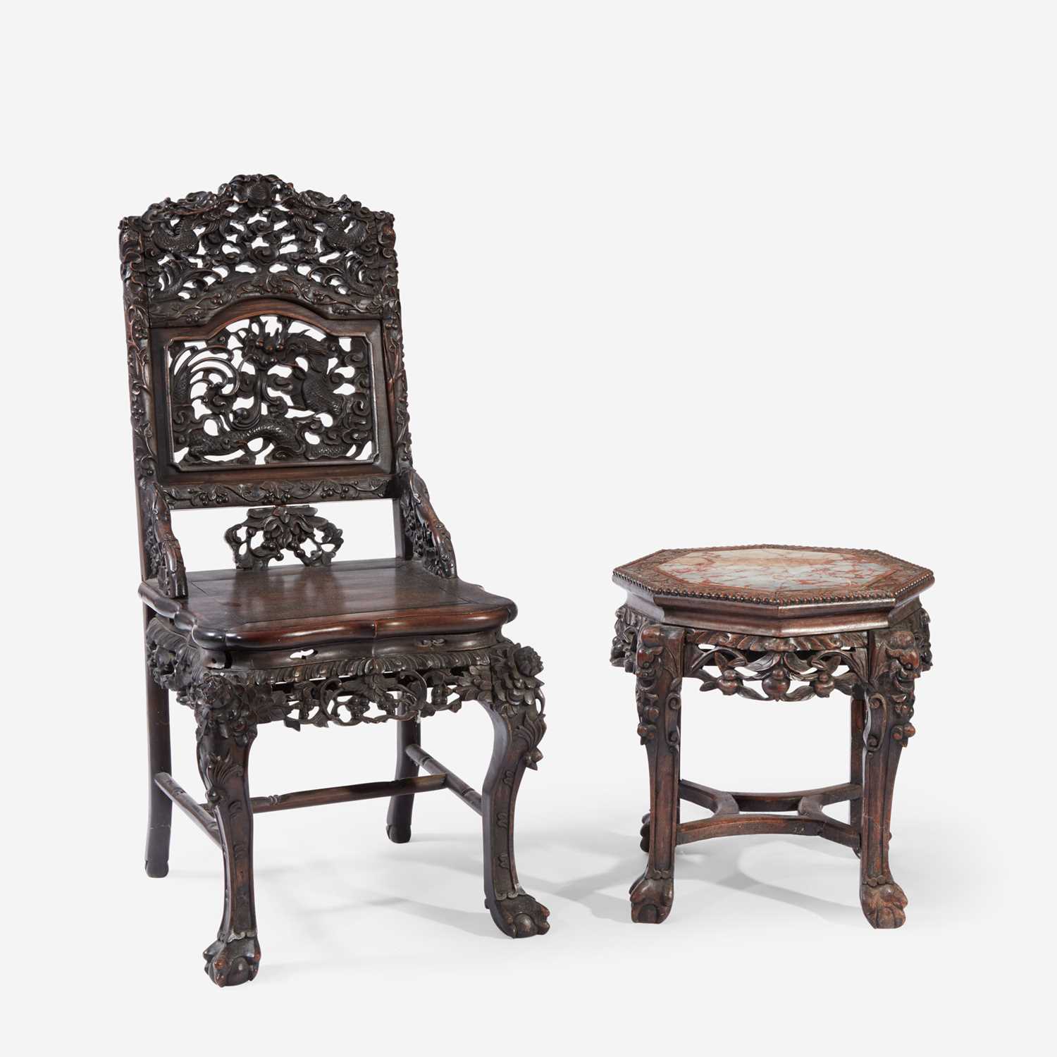 Lot 96 - A Chinese Carved Hardwood Side Chair and Side Table