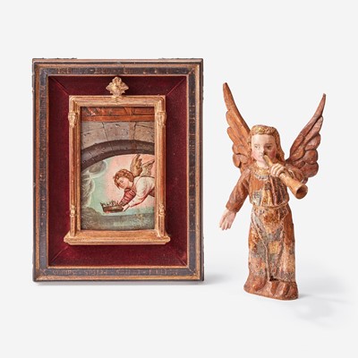 Lot 29 - A Spanish Painted Panel Fragment of an Angel with Crown