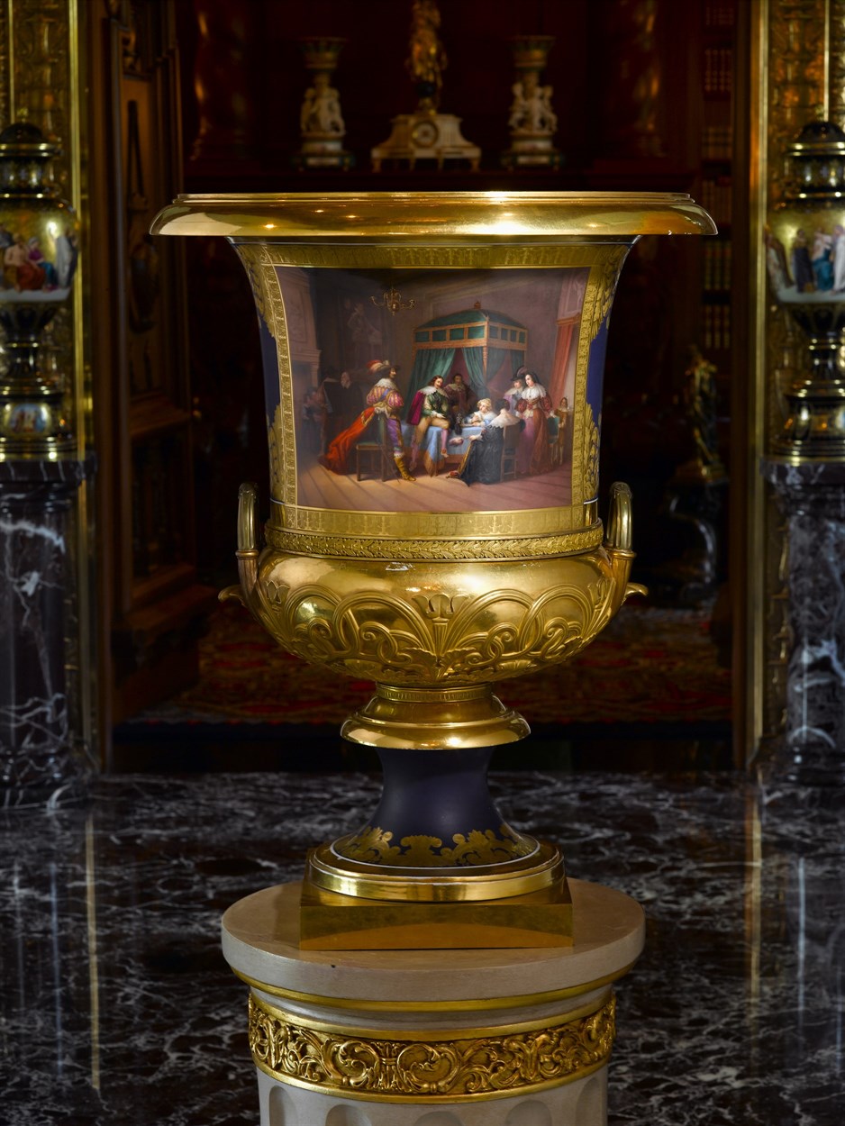 Lot 131 - Important ormolu mounted Russian Imperial hand painted gilt decorated porcelain urn