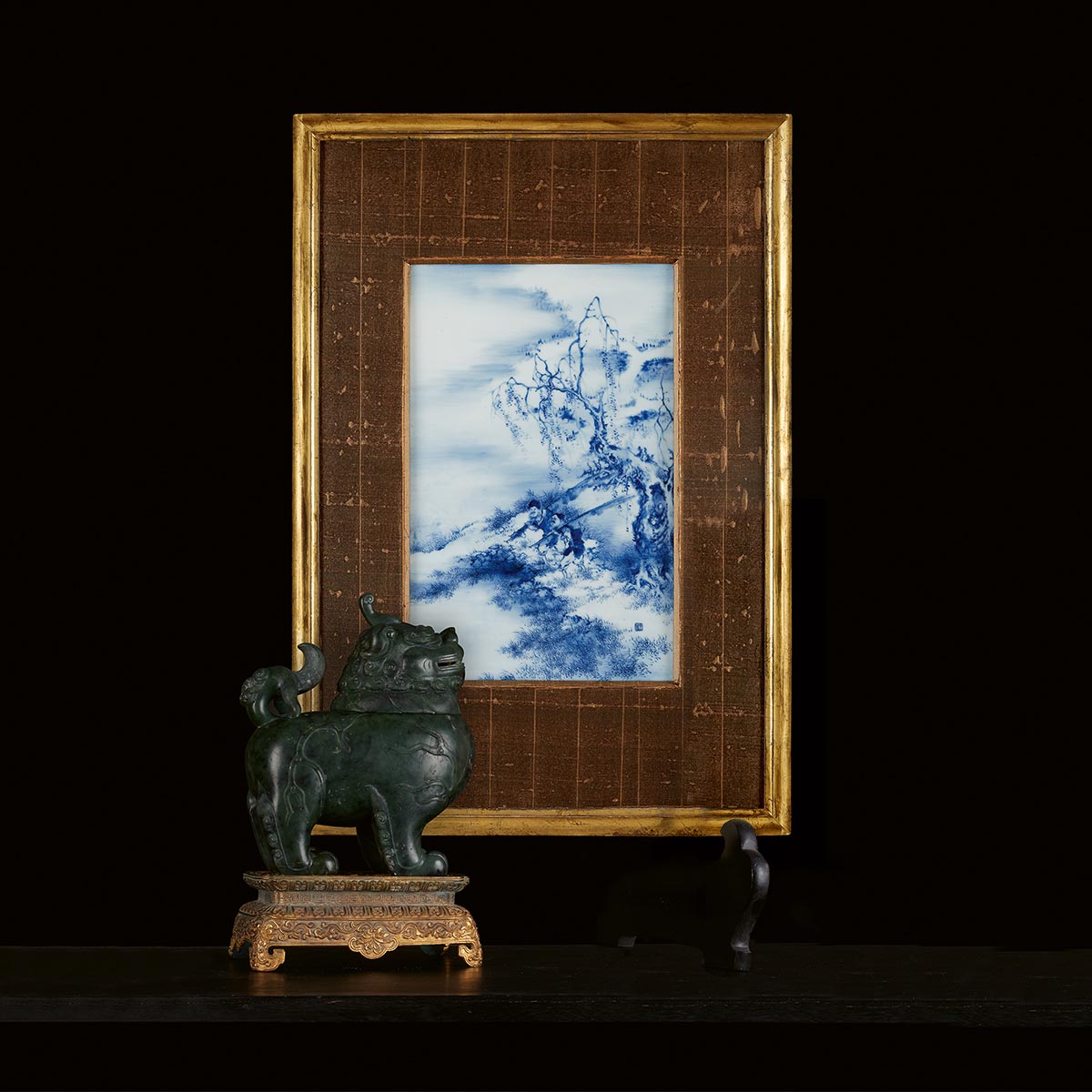A Chinese blue and white porcelain plaque, attributed to Wang Bu and a Chinese carved spinach green jade Luduan censer